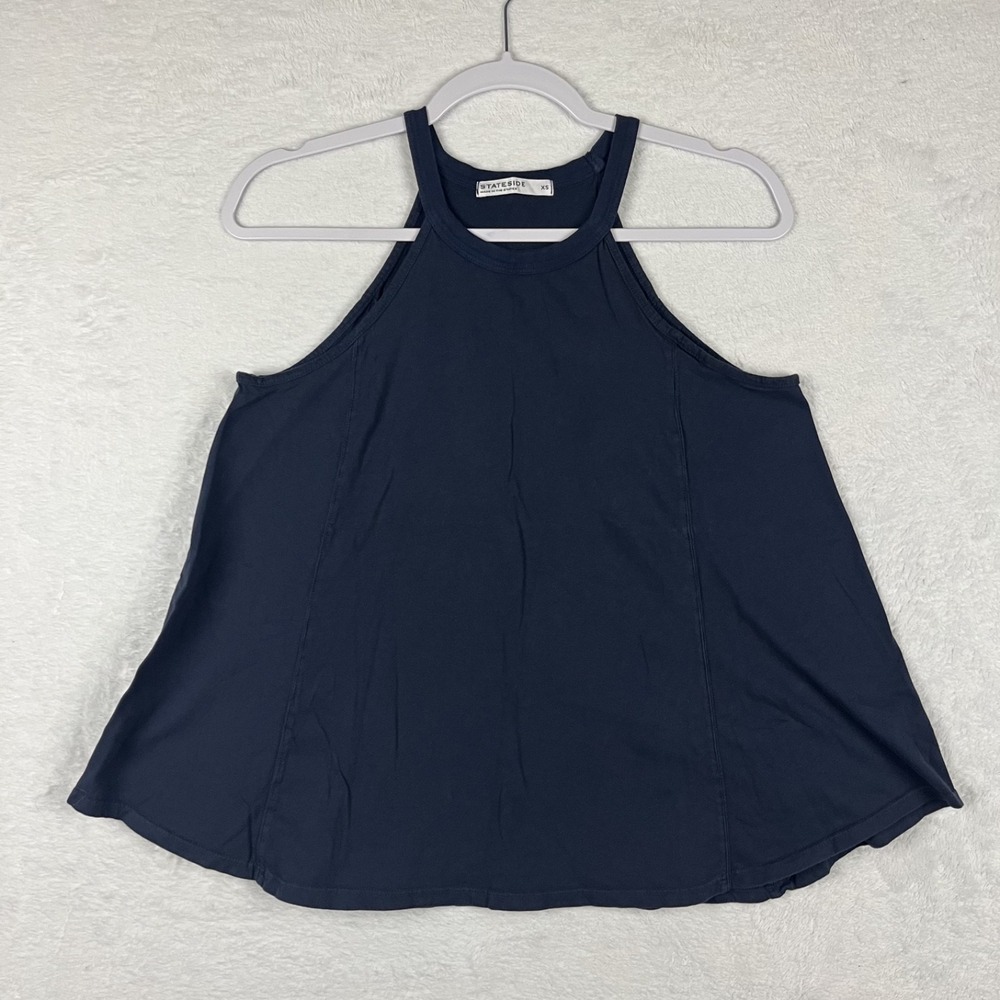 Stateside Womens XS Navy Blue High Neck Racerback Trapeze Tank Top Cotton USA